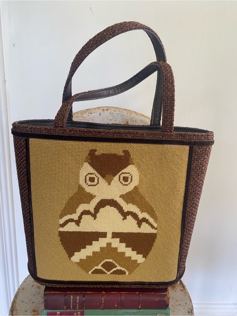 Vintage 1970โs Brown Owl Tapestry Tote Bag with Double Handles